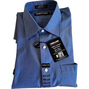 Kirkland Signature Men's 100% Cotton Non-Iron Dress Shirt 16.5-34 Med. Blue NEW